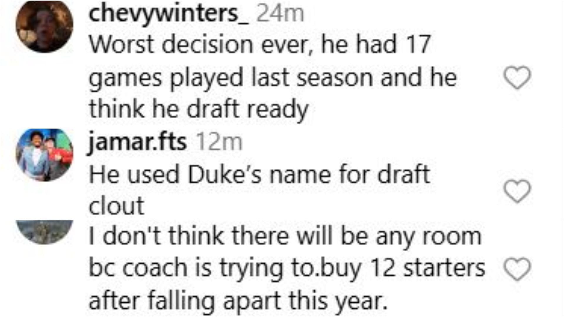 Duke fans chatter as Duke commit Cedric Coward announces his NBA draft future. Credit: IG/@recruitsnews
